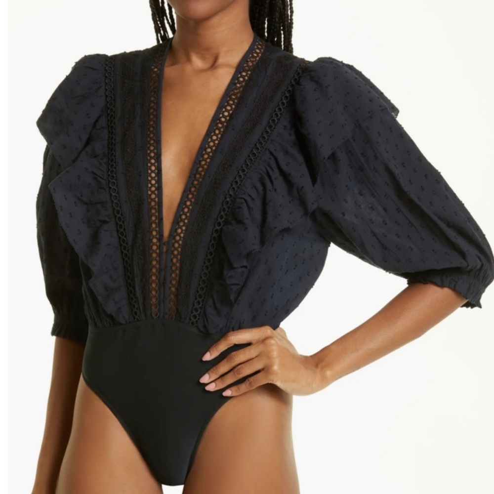 NWT $150 FARM Rio Clip Dot Ruffle Cotton Bodysuit in Black -  size L